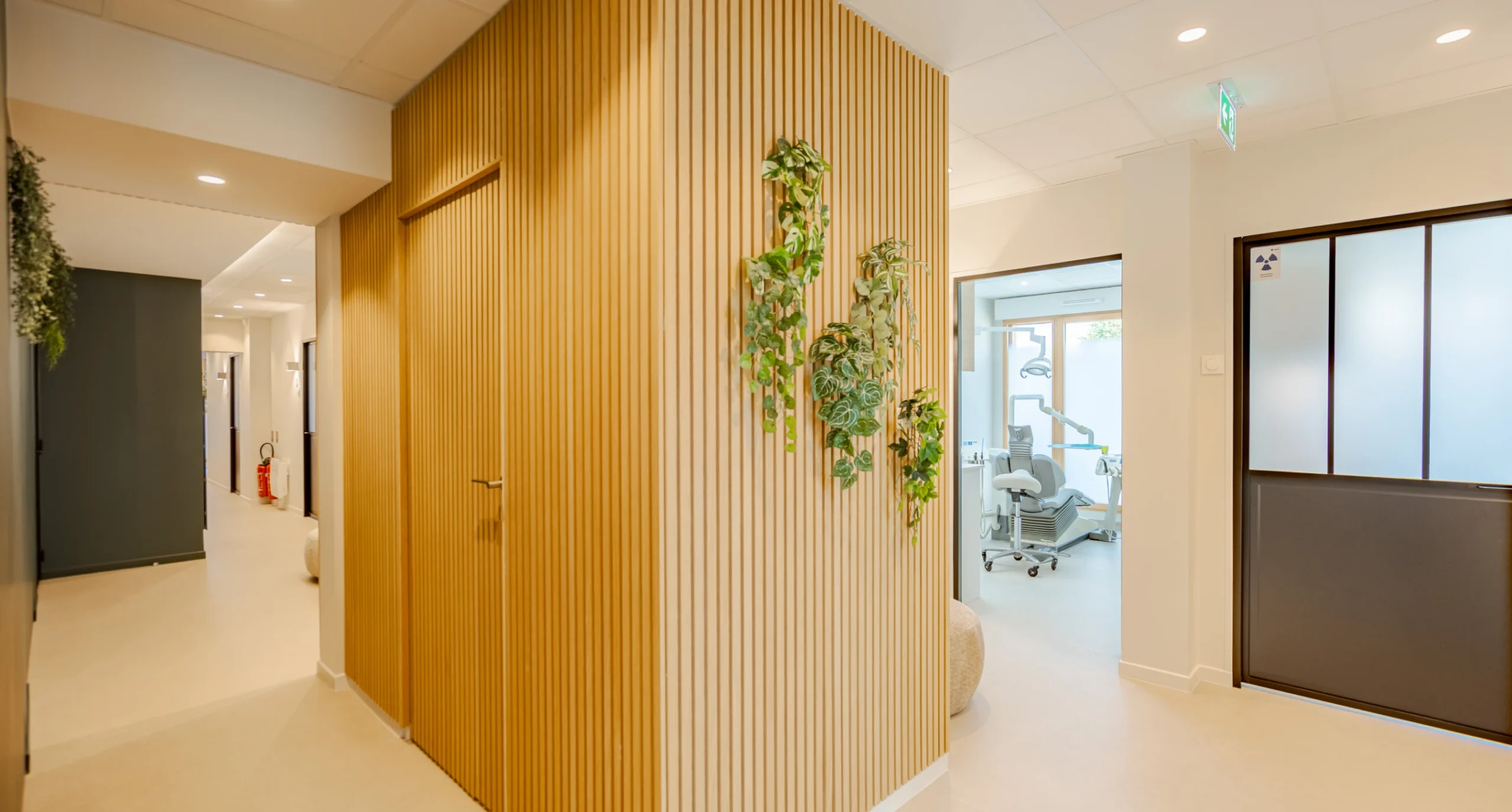Couloir habillé de tasseaux de bois et de plantes